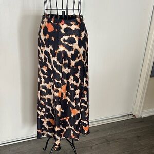 Free People Leopard Print Satin Maxi Skirt in Black and Orange Size XS